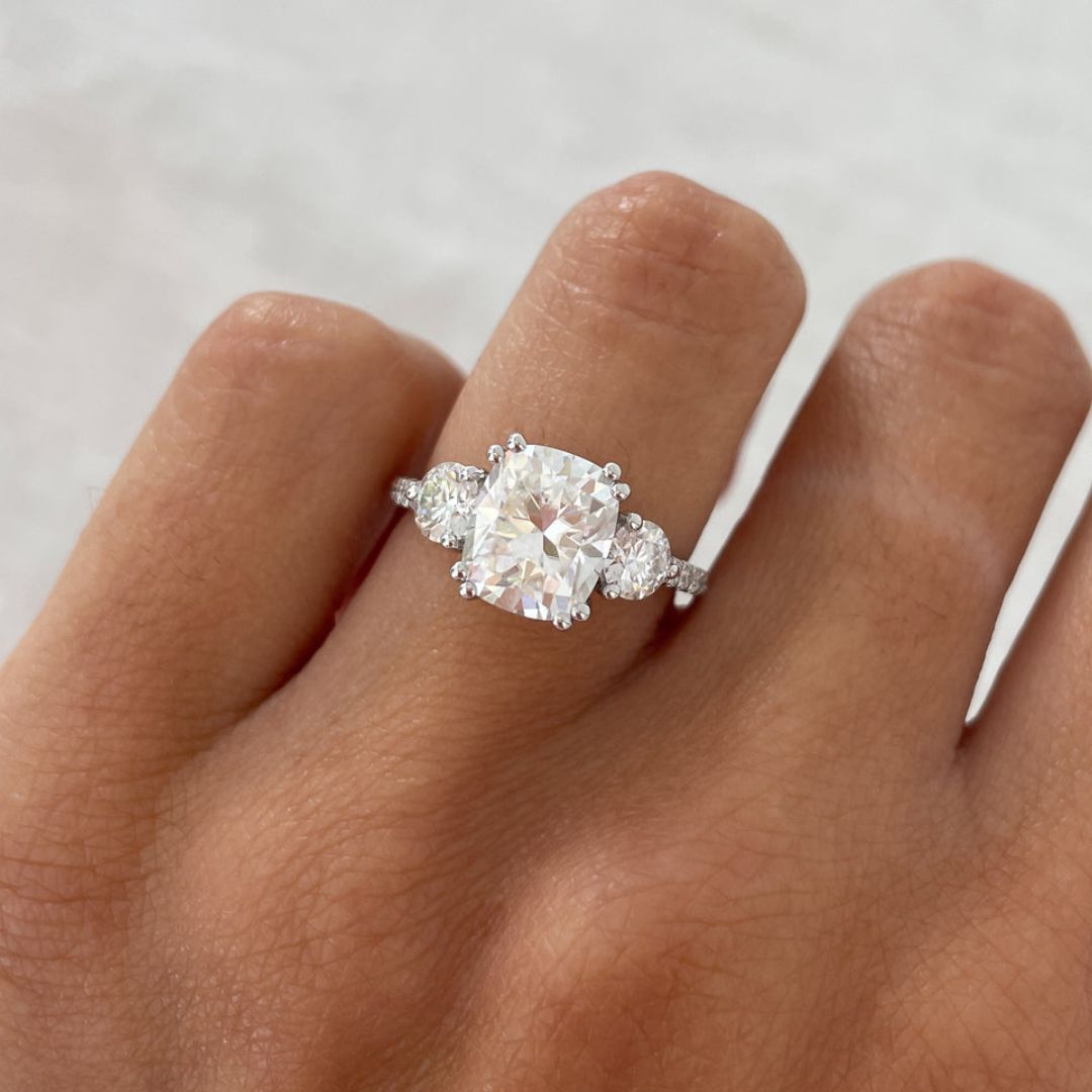 Elongated Cushion Cut Moissanite Three Stone Ring, Anniversary Gift for Her