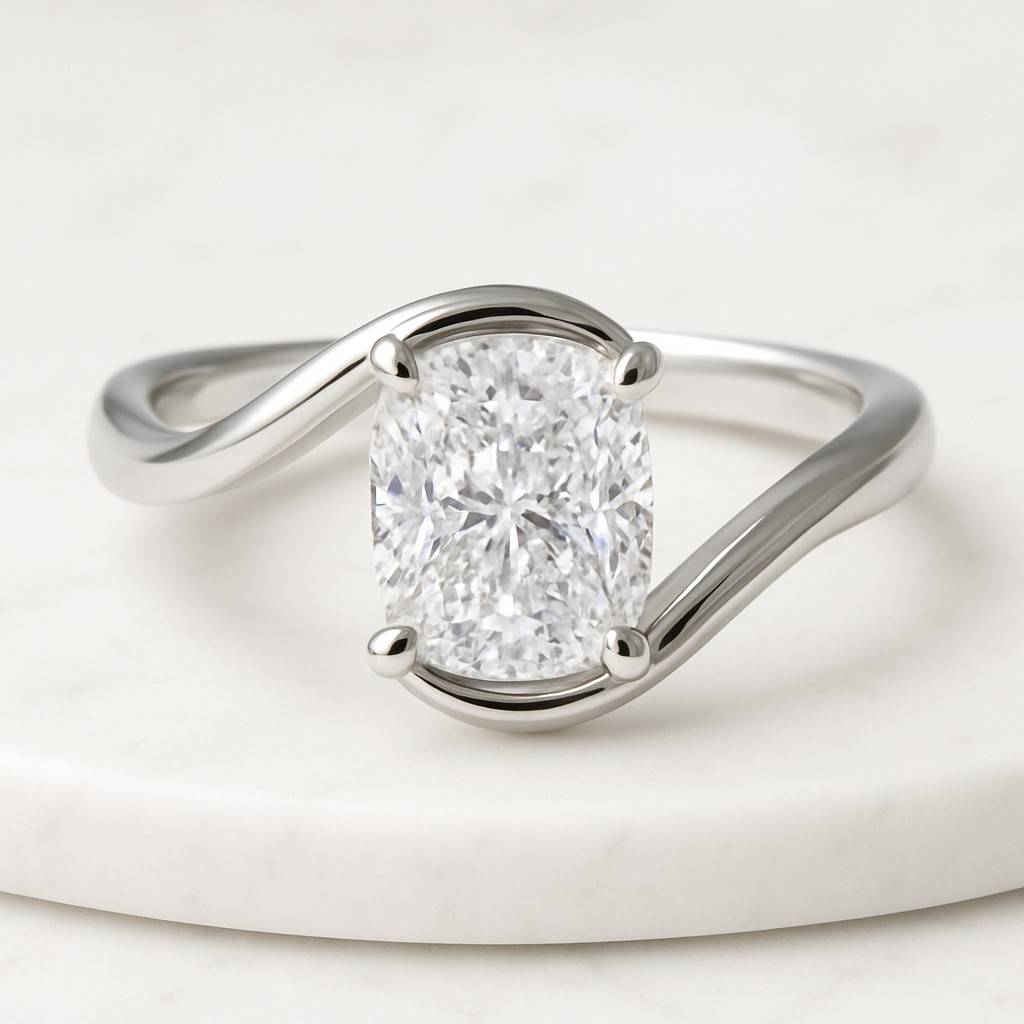 Elongated Cushion Diamond Bypass Shank Prong Set Ring