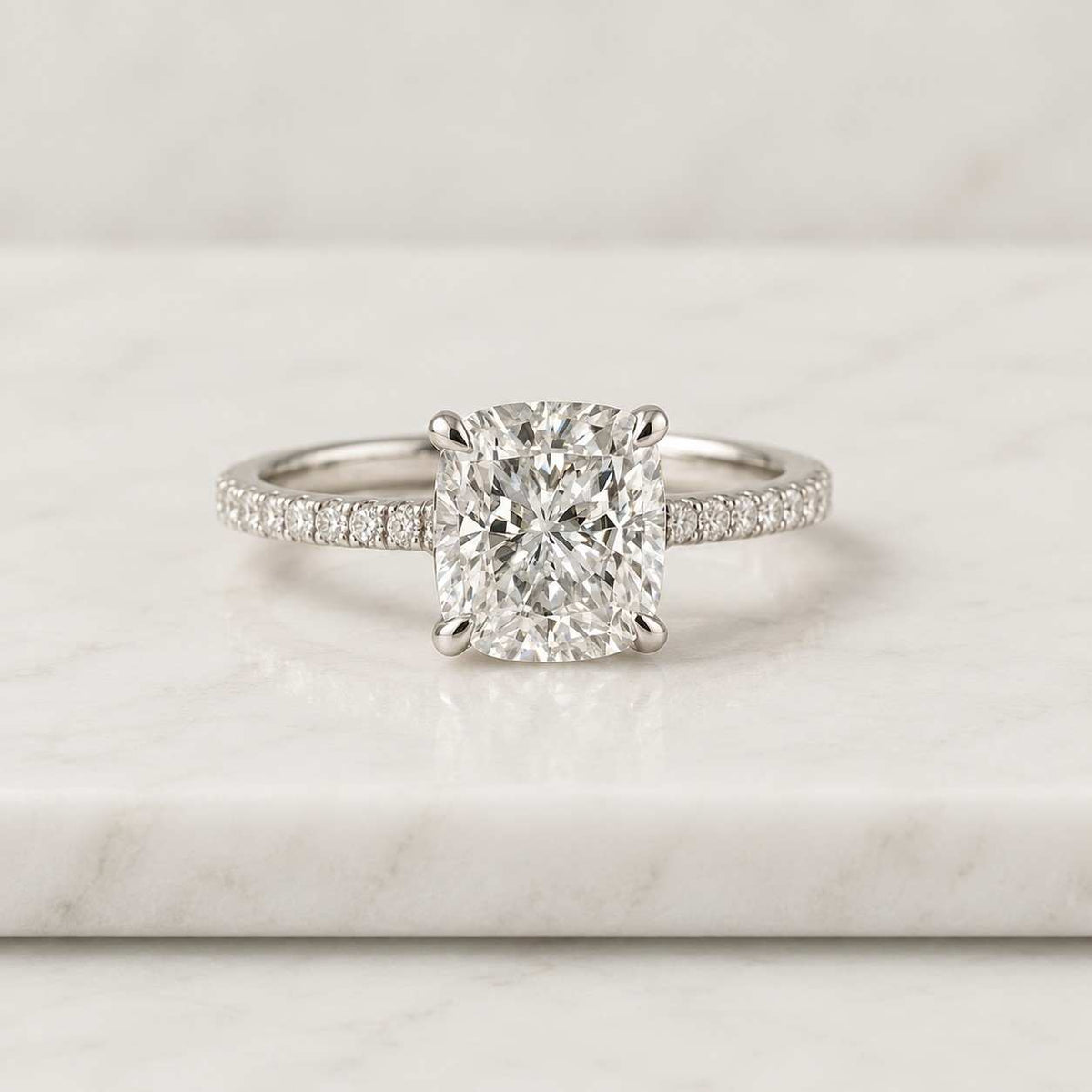 elongated cushion diamond halo engagement ring, peekaboo diamond wedding ring, lab grown diamond pave ring, yellow/white/rose gold ring