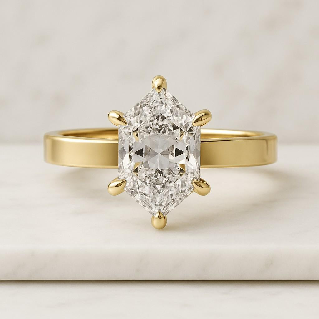 Elongated Hexagon Cut Diamond Engagement Ring IGI Certified Diamond Wedding Ring Unique Trilogy Ring Side Half Moon Diamond Anniversary Gift