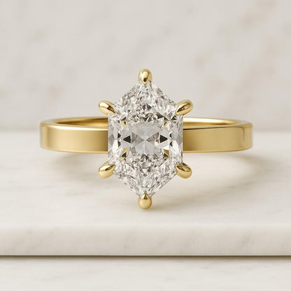 Elongated Hexagon Cut Diamond Engagement Ring IGI Certified Diamond Wedding Ring Unique Trilogy Ring Side Half Moon Diamond Anniversary Gift