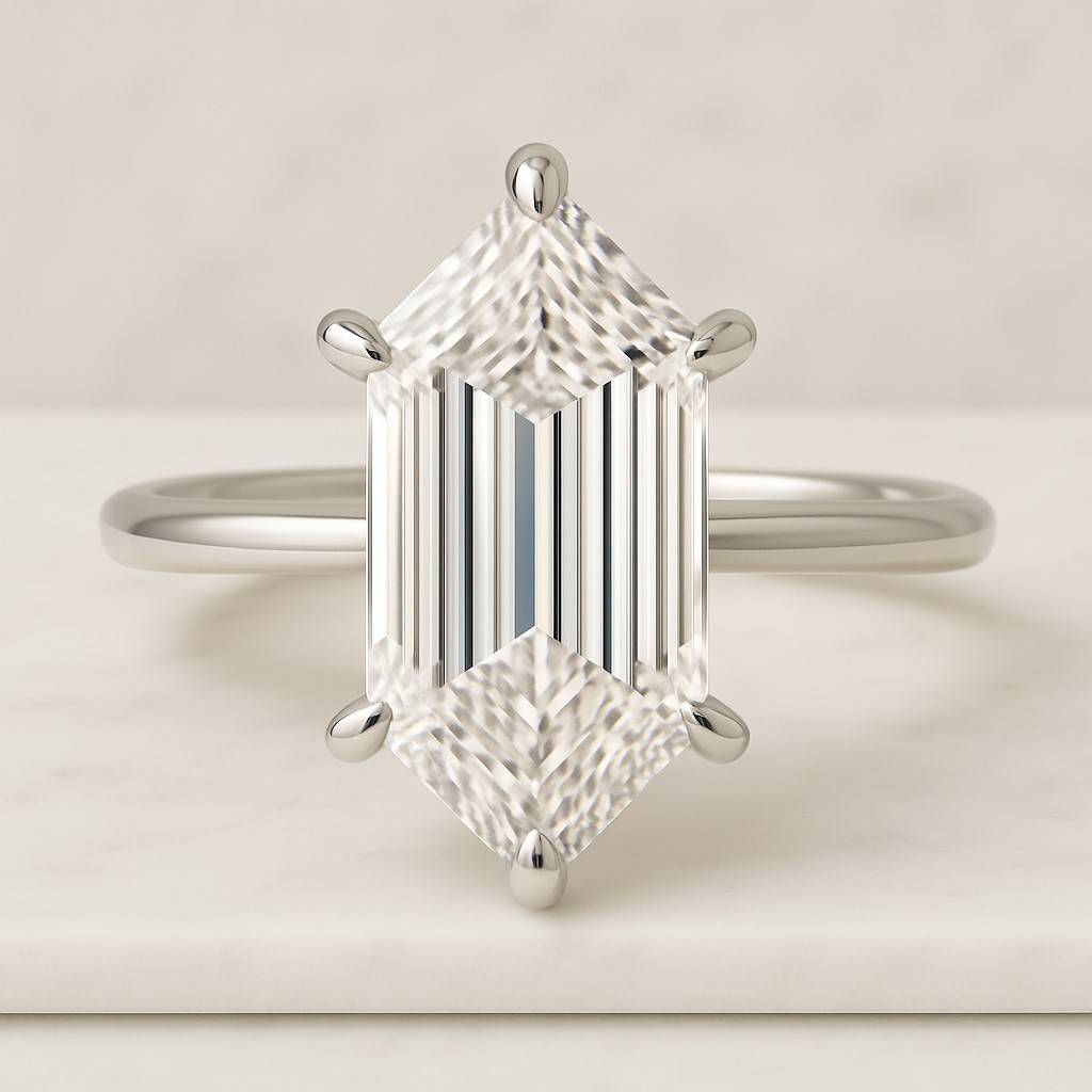 Elongated Hexagon Cut Moissanite Halo Engagement Ring Open Gallery Wedding Ring for Her