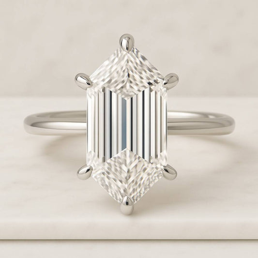 Elongated Hexagon Cut Moissanite Halo Engagement Ring Open Gallery Wedding Ring for Her