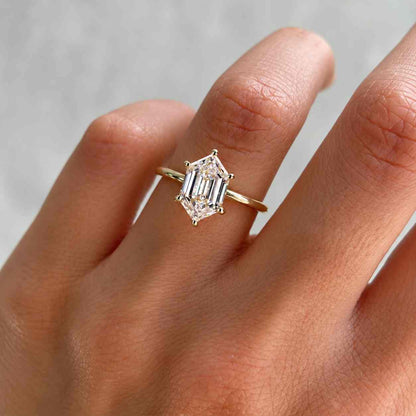 Elongated Hexagon Lab Grown Diamond Engagement Ring with Trillion Side Stones
