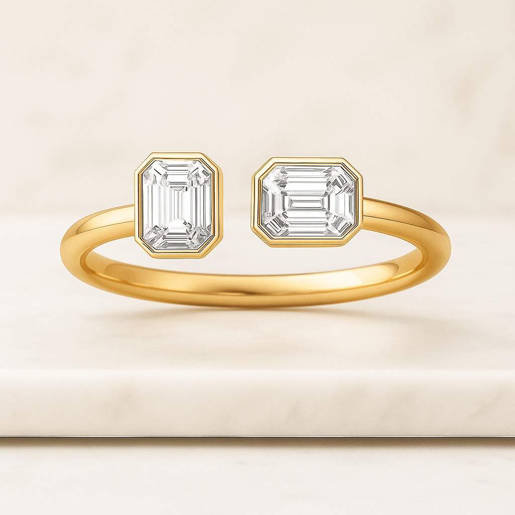 elongated pear & emerald cut moissanite ring 14k yellow gold plated toi et moi ring