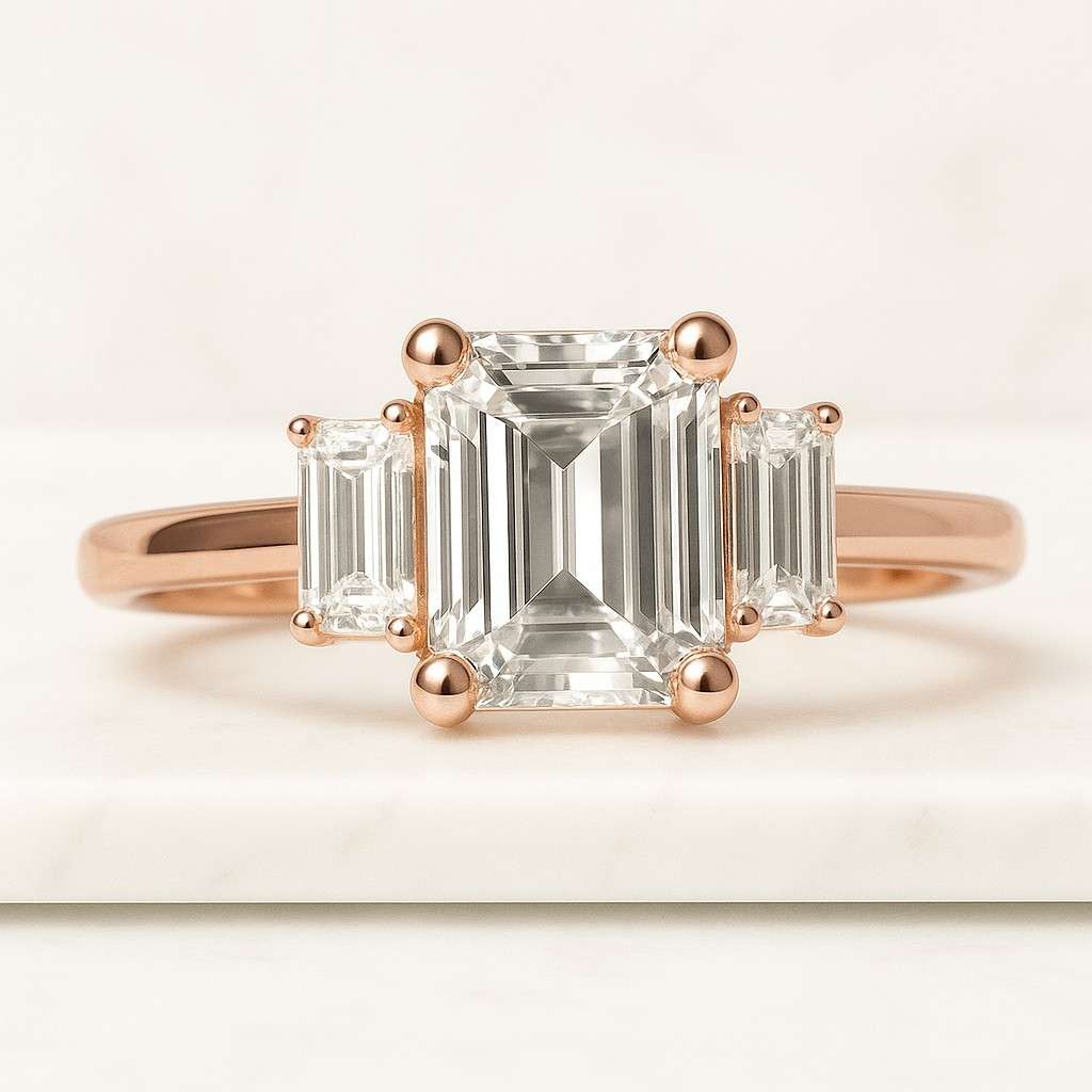 Emerald Cut Lab Grown Diamond Engagement Ring  Baguette Side Stones