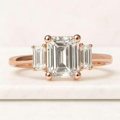 Emerald Cut Lab Grown Diamond Engagement Ring  Baguette Side Stones