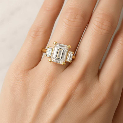 Emerald Cut Lab Grown Diamond Three Stone Engagement Ring Baguette Side Stones