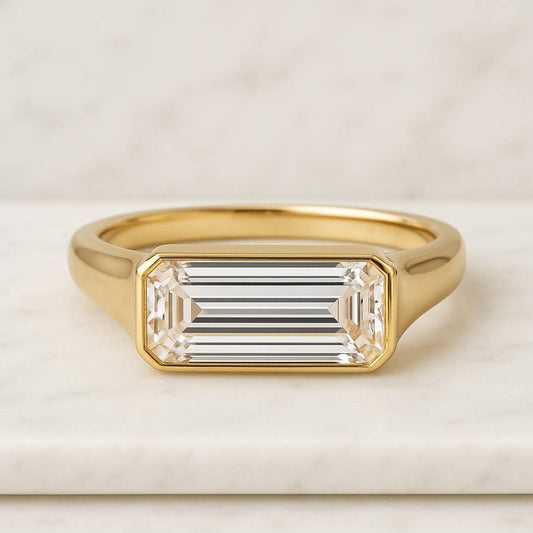 Emerald Cut Lab Grown Diamond Solitaire Halo Ring, Double Claw Prong Set Ring