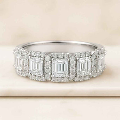 Emerald and Round Diamond Wedding Band for Women Half Eternity Lab Grown Diamond Band