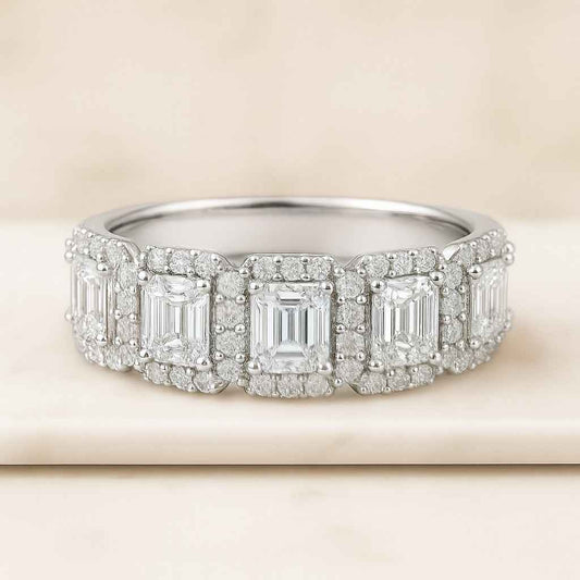 Emerald and Round Diamond Wedding Band for Women Half Eternity Lab Grown Diamond Band