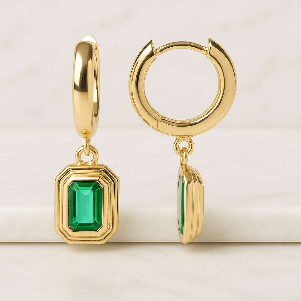 Emerald Hoop Earrings Emerald Green Huggie Hoops Gemstone Earrings Emerald Jewelry Baguette Hoops