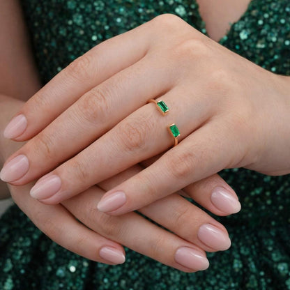 Emerald Baguette & Round Moissanite Border Band 5mm Open Gap Wedding band Rose Gold Anniversary Ring Half Eternity Stacking Promise Ring Mom