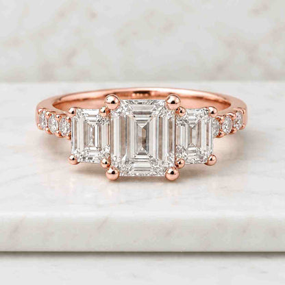 Emerald Cut 3.00 TCW IGI Certified Lab-Grown Diamond Solitaire Ring with Tapered Diamonds & Moissanite Option – Engagement in 14K White Gold
