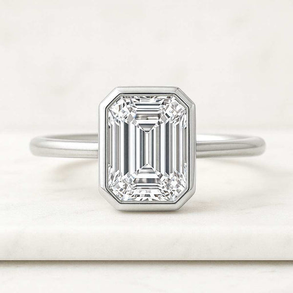 Emerald Cut Bezel Set Moissanite Engagement Ring 3 CT Emerald Diamond Wedding Ring
