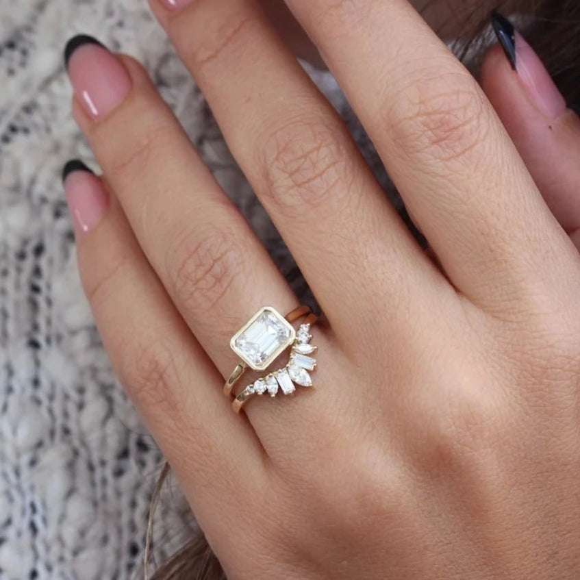 Emerald Cut Bezel Set Ring, Multi Diamond Ring