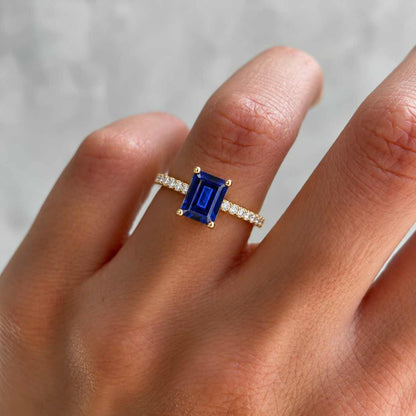 Emerald Cut Blue Sapphire Ring: Diamond Accent, 14K Yellow Gold
