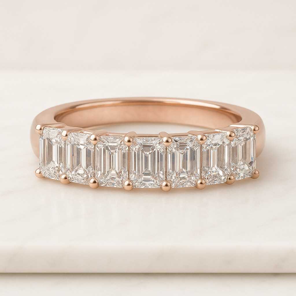 Emerald Cut Diamond Eternity Band 14K White Gold Horizontal Diamond Wedding Ring Stackable Anniversary Band for Her Unique Bridal Jewelry
