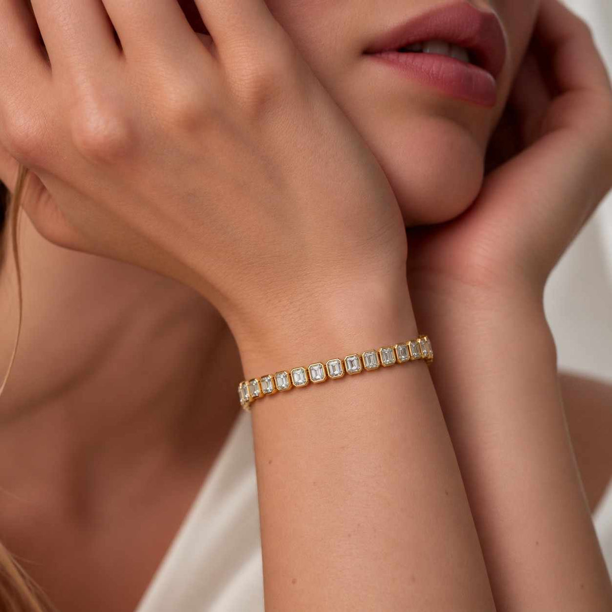 Emerald Cut Diamond Tennis Bracelet | 14K Solid Gold Bezel Set Wedding Fine Jewelry
