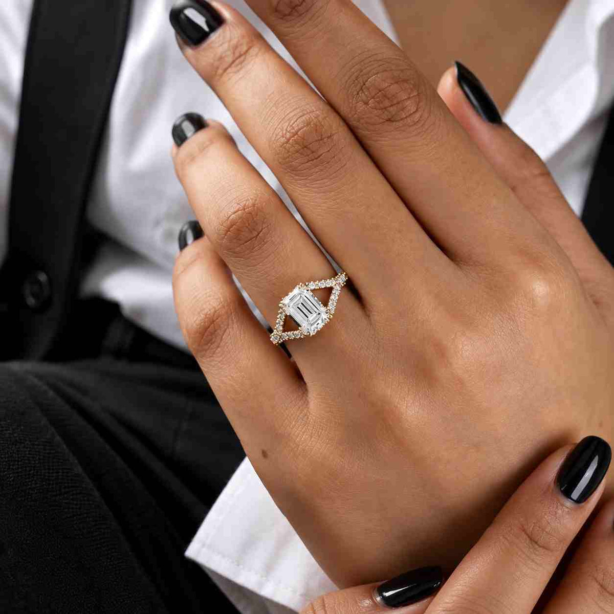 Emerald Cut E, VVS2 IGI Certified Lab Grown Diamond Engagement Ring: 14K Gold Hidden Halo Anniversary ring, Perfect Gift
