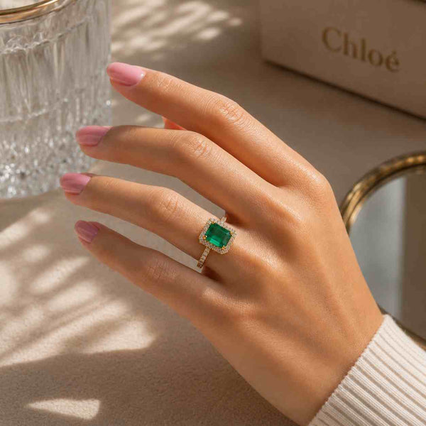 Emerald Cut Emerald & Diamond Halo Ring - Sterling Silver or Gold
