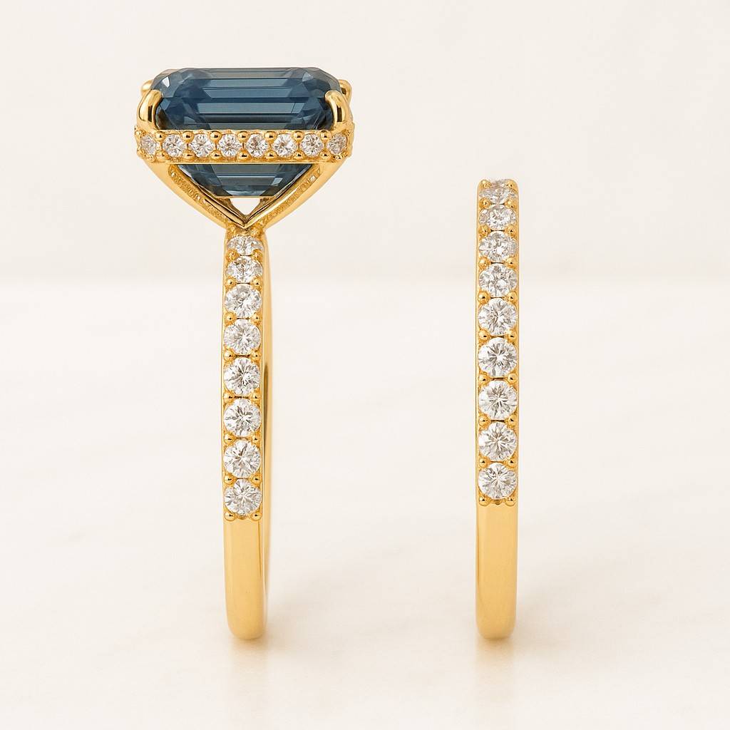 Emerald Cut Green Sapphire Engagement Ring Set Pearl Cluster Ring Unique Teal Sapphire Wedding Band Green Gemstone Anniversary Gift For Her