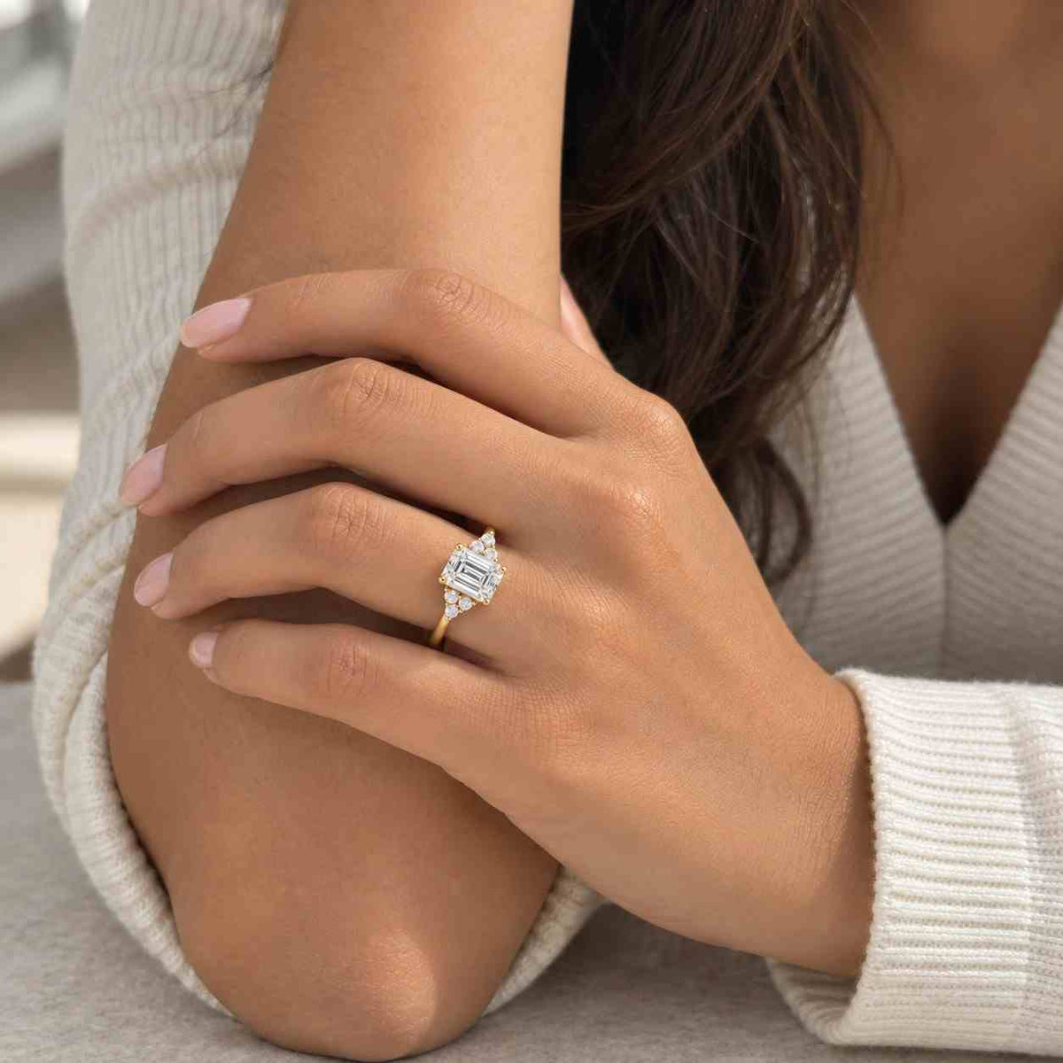 emerald cut halo cluster lab grown diamond ring flanked by pear shape diamonds | emerald engagement ring | d vvs2 igi certified diamonds
