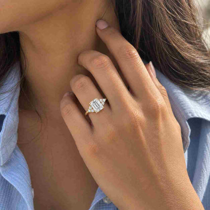 Emerald Cut Halo Cluster Lab Grown Diamond Ring Flanked by Pear Shape Diamonds | Emerald Engagement Ring | D VVS2 IGI Certified Diamonds
