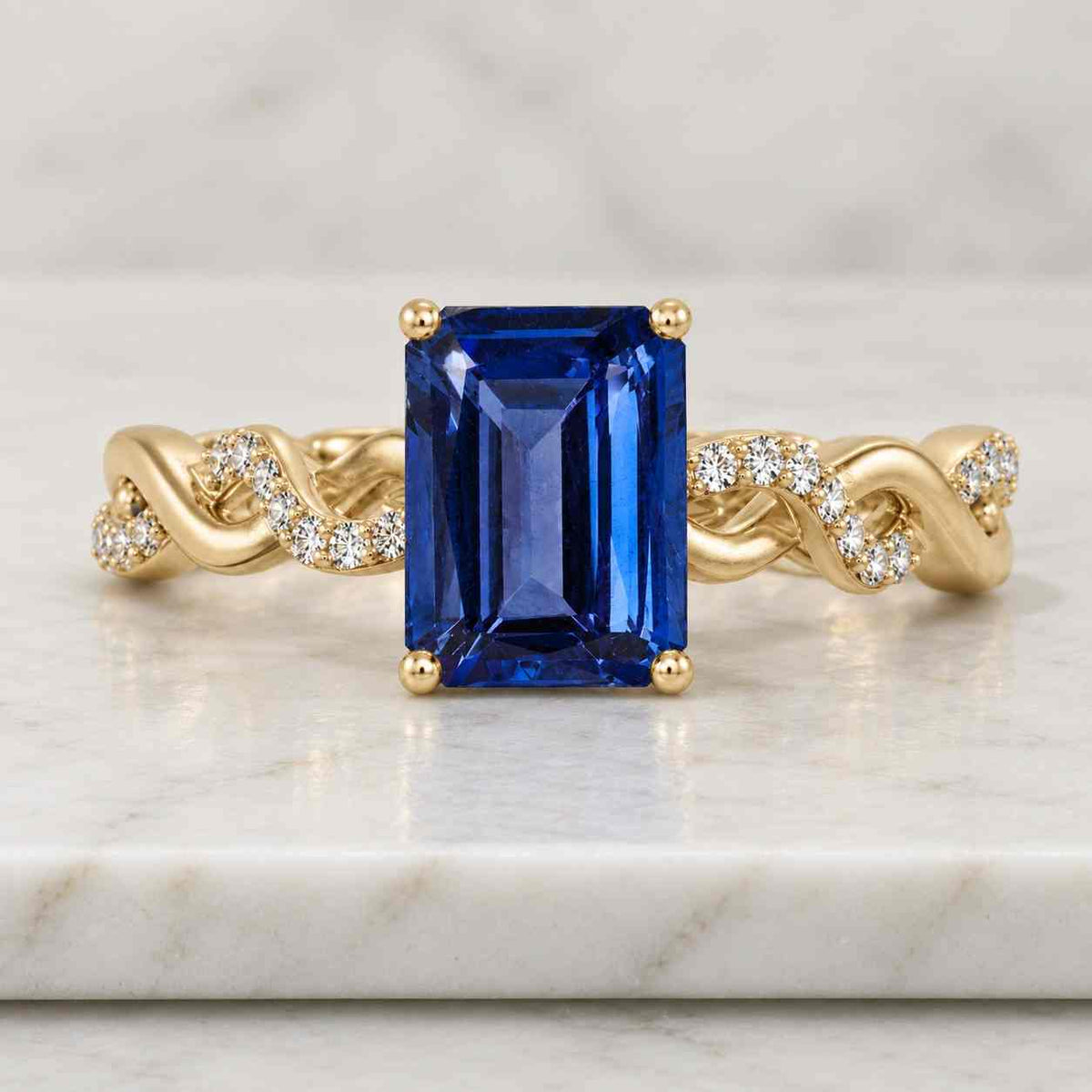 Emerald Cut Hidden Halo Engagement Ring, Twisted Shank Solid Yellow Gold Ring, Unique Diamond Bridal Ring, Elegant Anniversary Gift for Her
