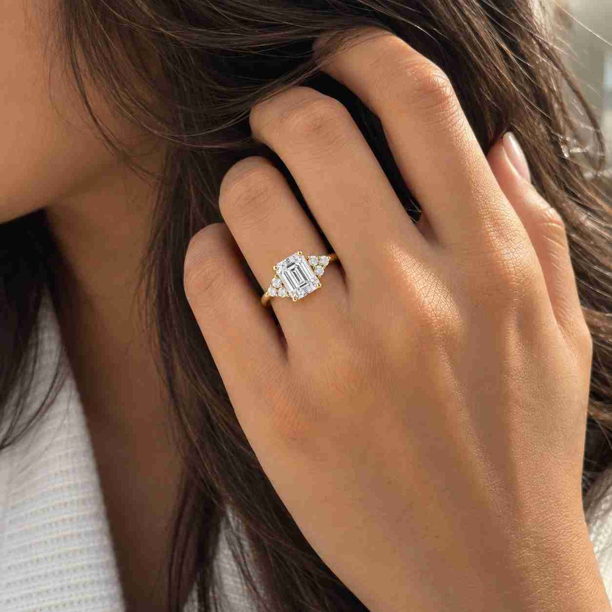 emerald cut lab-grown diamond ring, three stone engagement ring, wedding gifts for her
