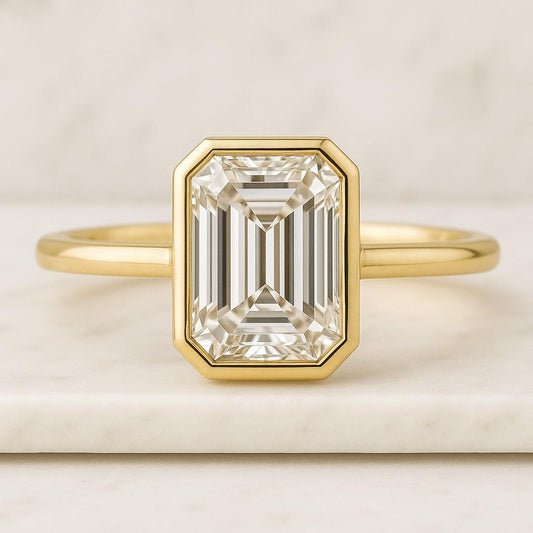 Emerald Cut Lab Diamond Engagement Ring Solitaire Wedding Ring Mens 925 Sterling Silver Half Bezel Set Ring Gift For Him