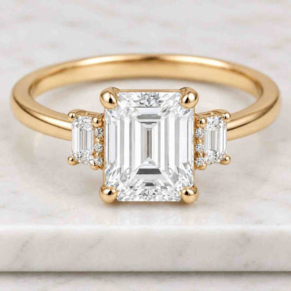 Emerald Cut Lab Diamond Engagement Ring, Tapered Baguettes, 14K Yellow Gold