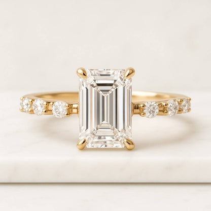 Emerald Cut Lab Diamond Three Stone Ring 14k Solid Yellow Gold Trilogy Ring