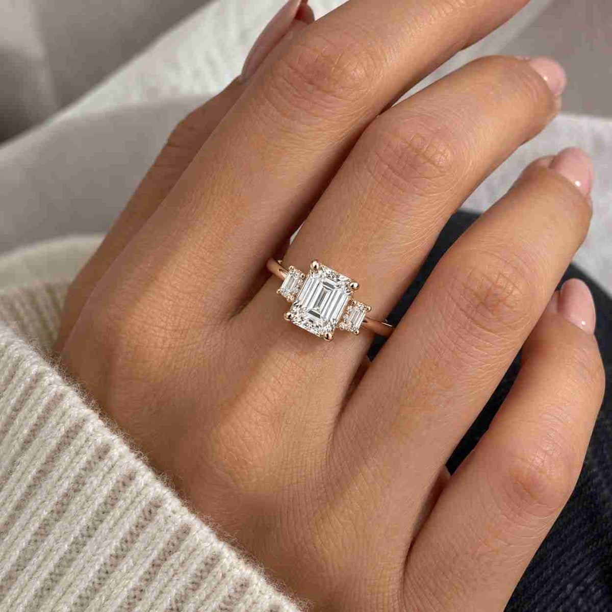 Emerald Cut Lab Grown Diamond Engagement Ring, 14K Yellow Gold Tapered Baguette Three Stone Ring, Anniversary Gift for Her, Art Deco