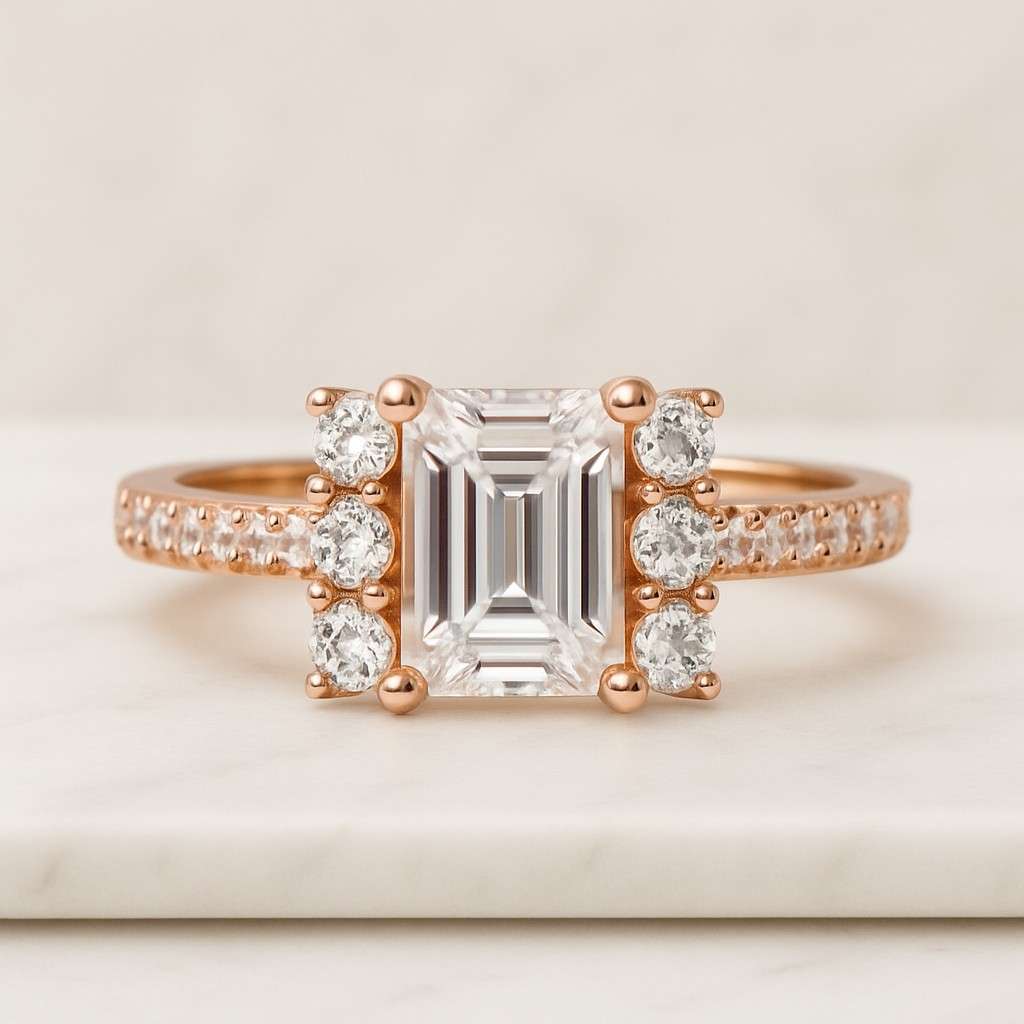 Emerald Cut Lab Grown Diamond Engagement Ring Emerald Cut Lab Grown Diamond Halo With Accent Ring Conflict Free Diamond Engegement Ring, Double Claw Prong Set Ring Wedding Ring For Her