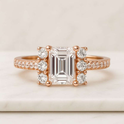 Emerald Cut Lab Grown Diamond Engagement Ring Emerald Cut Lab Grown Diamond Halo With Accent Ring Conflict Free Diamond Engegement Ring, Double Claw Prong Set Ring Wedding Ring For Her