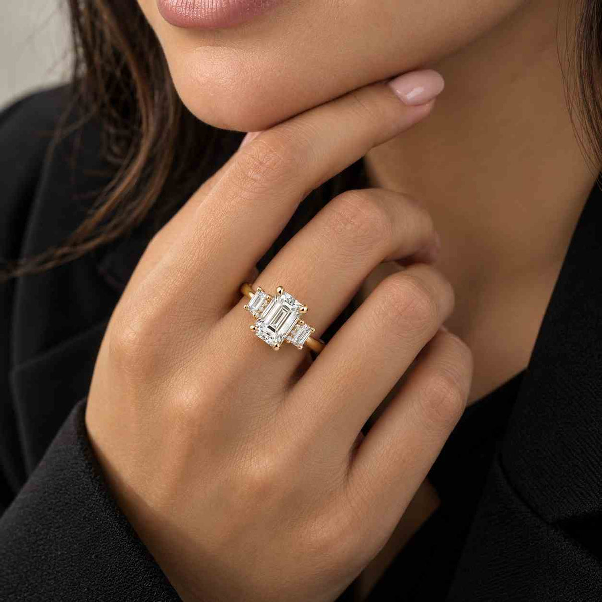 emerald cut lab grown diamond engagement ring low profile setting three stone ring e f vvs2 certified diamond promise ring