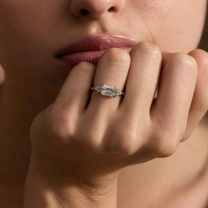 Emerald Cut Lab Grown Diamond Engagement Ring, Side Tapered Baguette Cut, Emerald Cut Three Stone Ring, Proposal Anniversary Gift For Women
