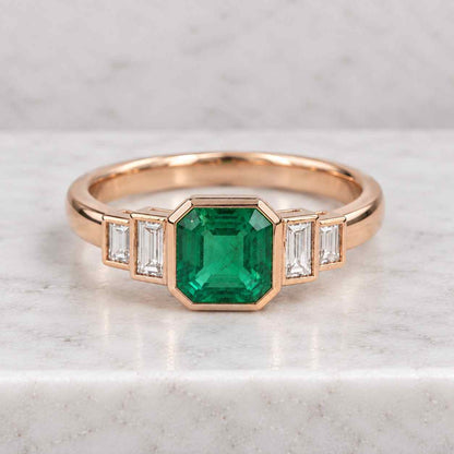 Emerald Cut Lab Grown Diamond Engagement Ring,Side Trillion Diamond,Trilogy Wedding Ring,Anniversary Ring,Handmade Diamond Ring,Gift For Her
