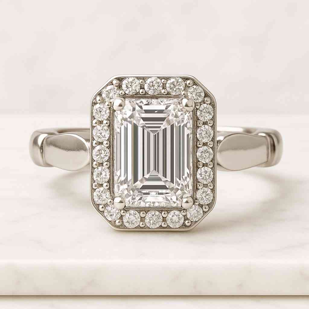 Emerald Cut Lab Grown Diamond Engagement Ring Split Shank Half Eternity Engagement Ring
