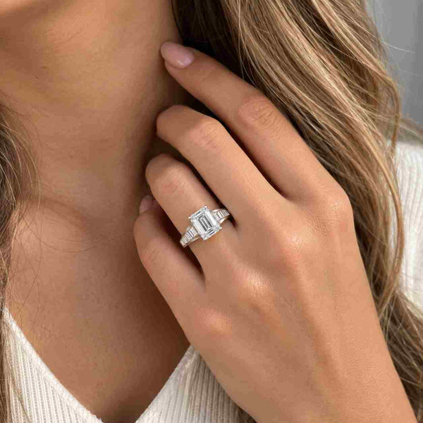 Emerald Cut Lab Grown Diamond Engagement Ring | Three Stone Tapered Baguette Bridal Jewelry