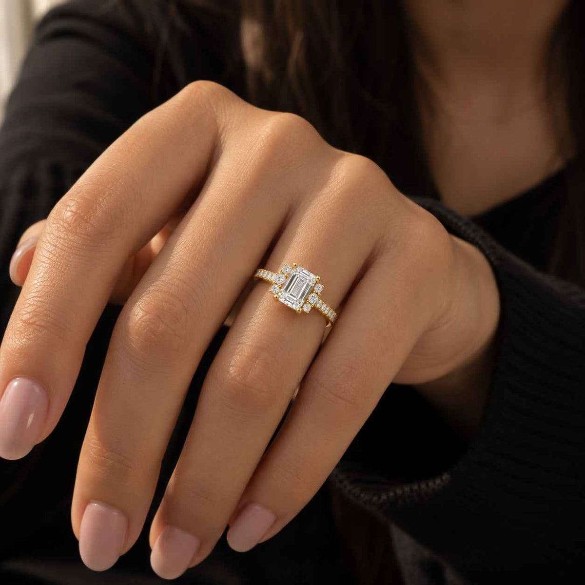 emerald cut lab grown diamond engagement ring, yellow gold bezel bypass solitaire, minimalist bridal
