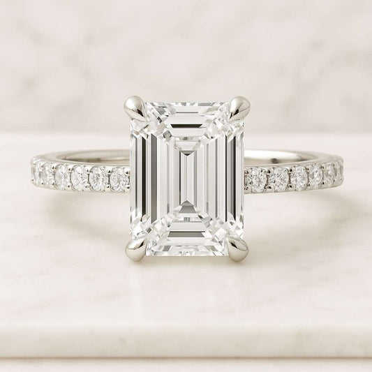 Emerald Cut Lab Grown Diamond Halo Ring, Diamond Wedding Ring for Her, Peekaboo Diamond Halo Engagement Ring