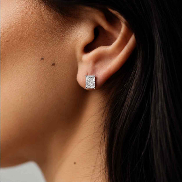 Emerald Cut Lab Grown Diamond Solitaire Earrings / 14K White Gold Stud Earrings Available on Various Sizes / Minimalist Earrings For Her
