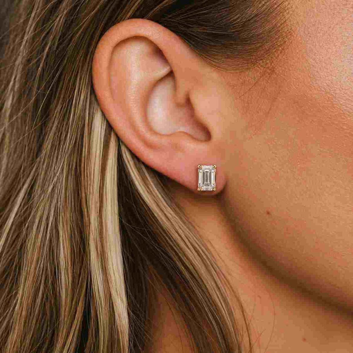 Emerald Cut Lab Grown Diamond Stud Earrings, Everyday Wear Minimalist Stud Earrings, Claw Prong Set Solitaire Earrings, Perfect Gift
