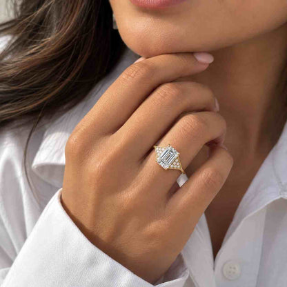 Emerald Cut Lab Grown Diamond Three Stone Engagement Ring• IGI Certified
