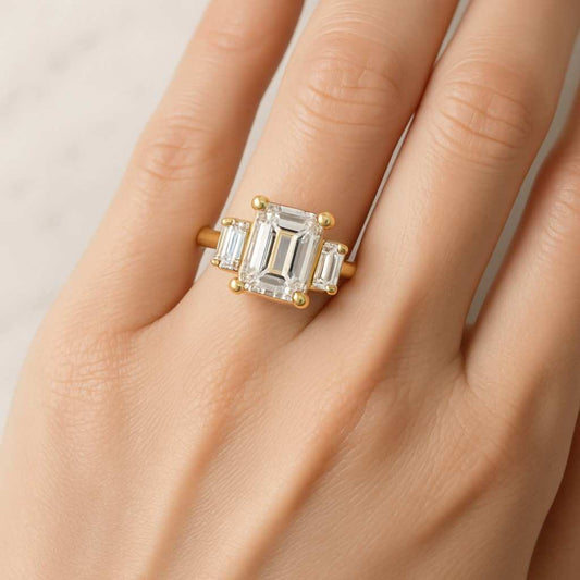 Emerald Cut Lab Grown Diamond Three Stone Engagement Ring Baguette Side Stones