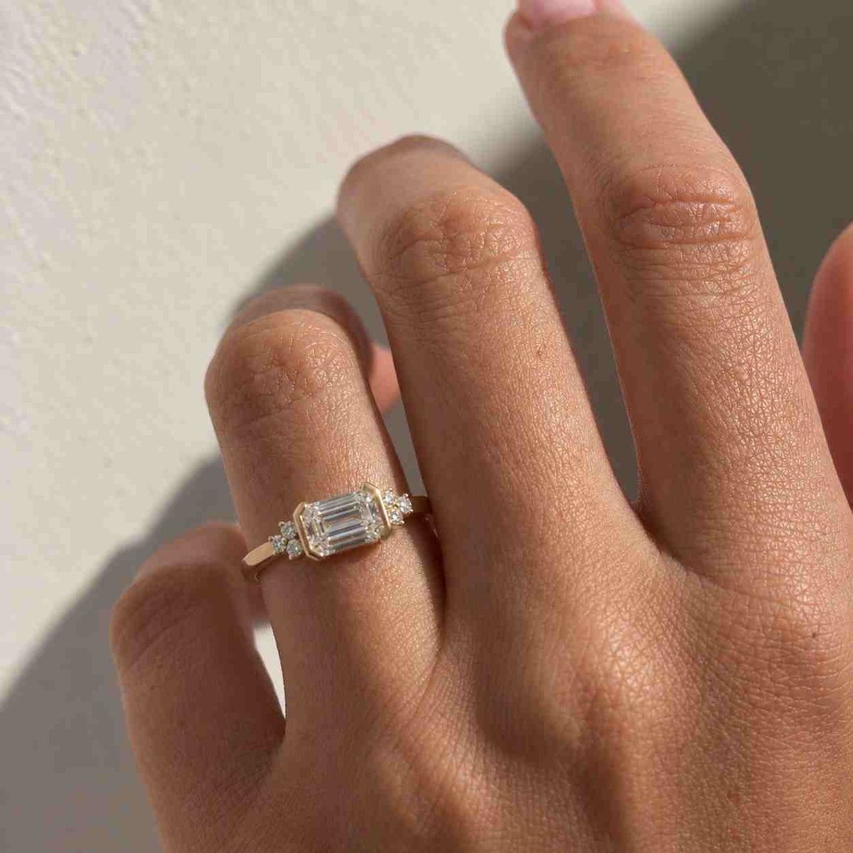 emerald cut lab grown diamond three stone pear side stone engagement ring igi certified, 14k gold art deco trilogy bridal ring for her
