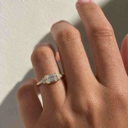 Emerald Cut Lab Grown Diamond Three Stone Pear Side Stone Engagement Ring IGI Certified, 14K Gold Art Deco Trilogy Bridal Ring for Her
