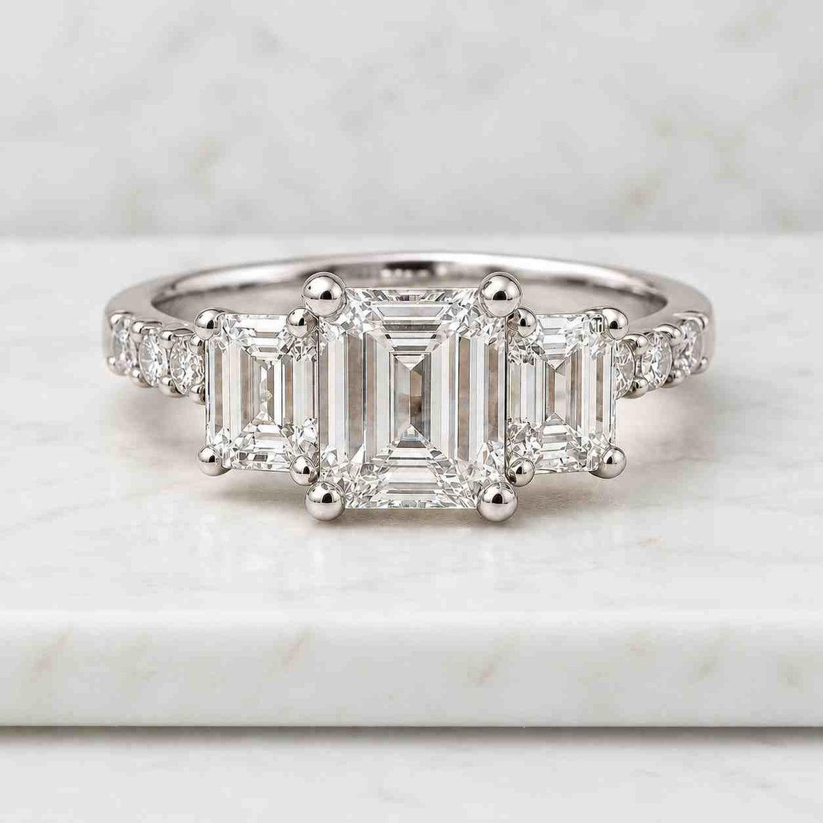 emerald cut lab grown diamond three stone ring | stackable full eternity band in 10k 14k 18k gold | gift for her
